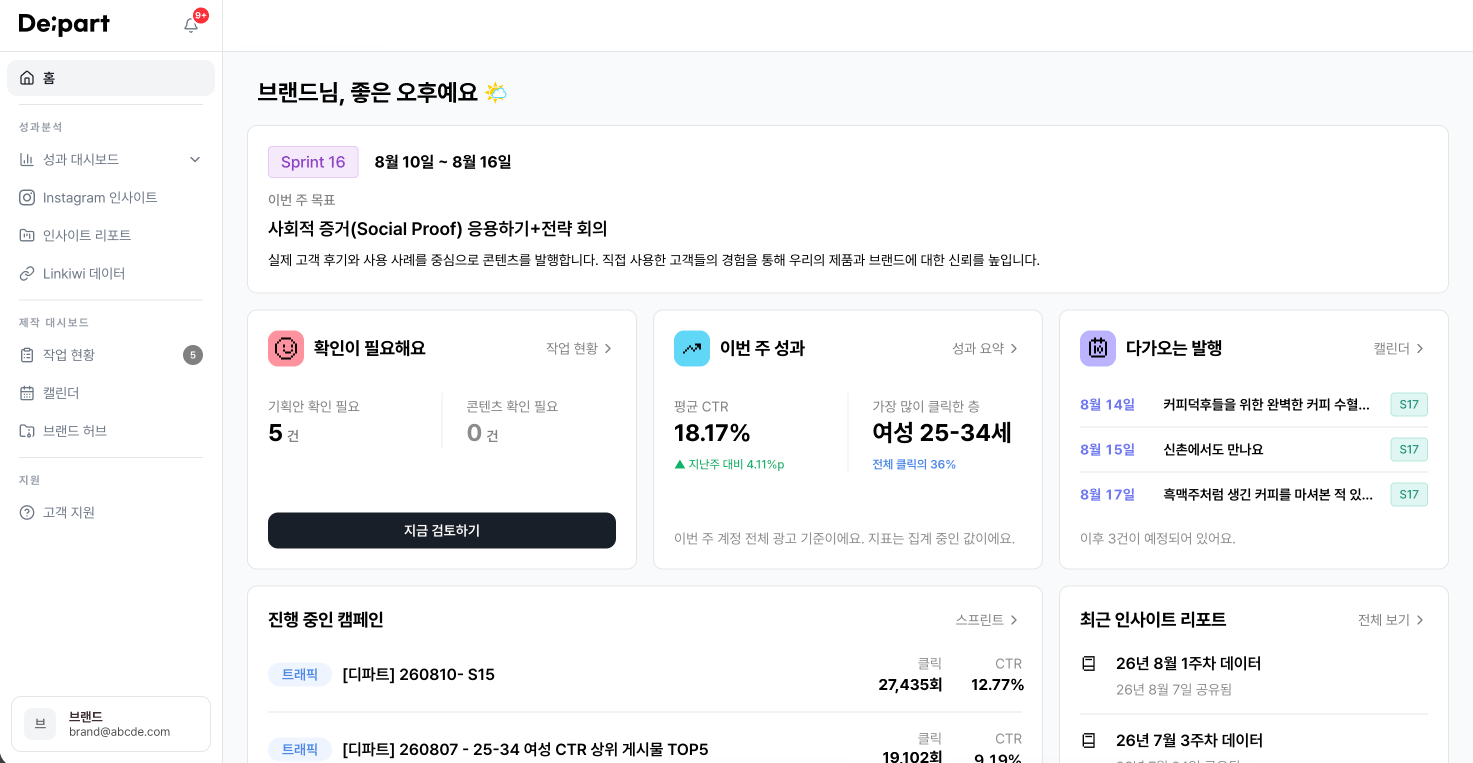De;part 브랜드 대시보드 화면